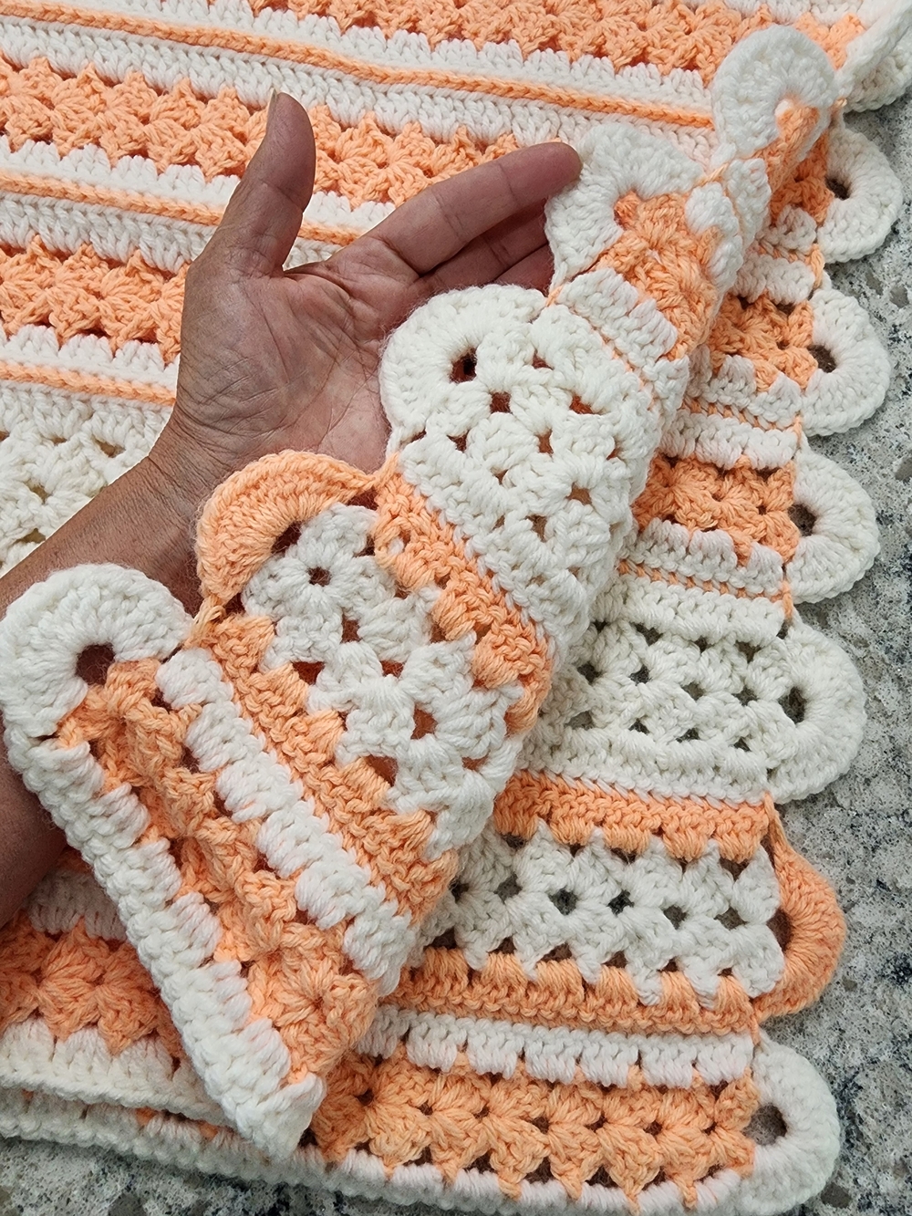 47" x 33" Handmade Peach and White Crochet Knit Cozy Afghan Throw Baby Blanket